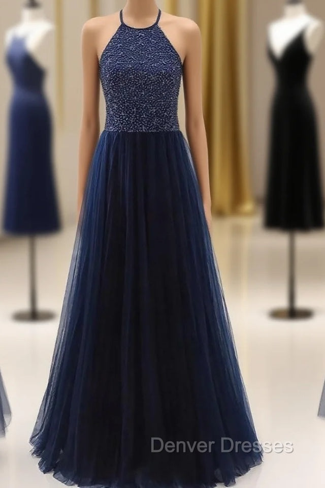 Elegant Navy Blue Halter Beaded Long Evening Dress, Prom Dress Main image