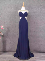 Elegant Navy Blue Mermaid Beaded Open Back Chiffon Long Prom Dress Evening Dress
