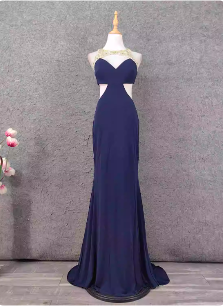 Elegant Navy Blue Mermaid Beaded Open Back Chiffon Long Prom Dress Evening Dress