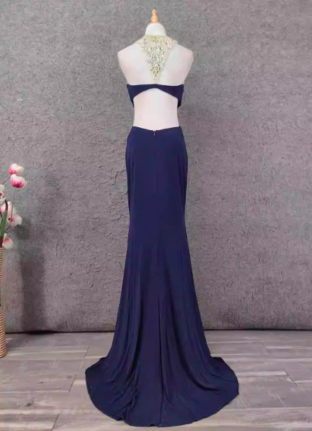 Elegant Navy Blue Mermaid Beaded Open Back Chiffon Long Prom Dress Evening Dress