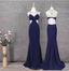 Elegant Navy Blue Mermaid Beaded Open Back Chiffon Long Prom Dress Evening Dress