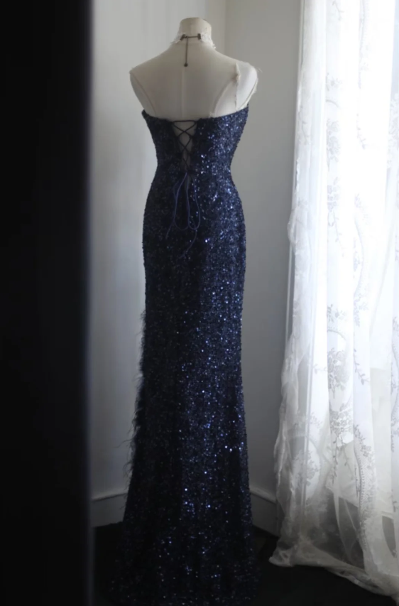 Elegant Navy Blue Mermaid Heart-Shaped Neckline Feather Sequined Long Prom Dress Evening Dress