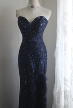Elegant Navy Blue Mermaid Heart-Shaped Neckline Feather Sequined Long Prom Dress Evening Dress