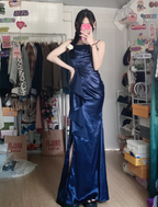 Elegant Navy Blue Mermaid High-Slit Ruffled Satin Long Prom Dress Evening Dress