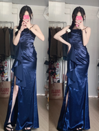Elegant Navy Blue Mermaid High-Slit Ruffled Satin Long Prom Dress Evening Dress