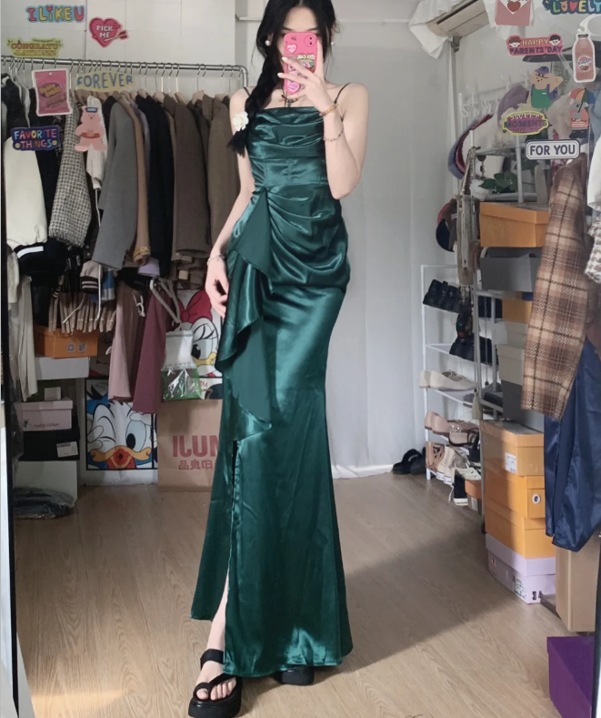 Elegant Navy Blue Mermaid High-Slit Ruffled Satin Long Prom Dress Evening Dress