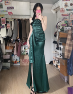 Elegant Navy Blue Mermaid High-Slit Ruffled Satin Long Prom Dress Evening Dress