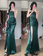 Elegant Navy Blue Mermaid High-Slit Ruffled Satin Long Prom Dress Evening Dress