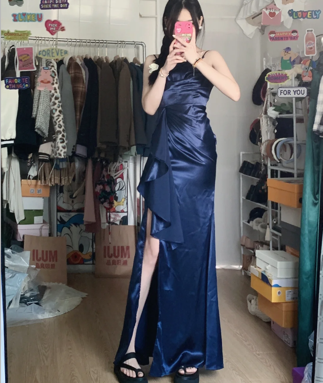 Elegant Navy Blue Mermaid High-Slit Ruffled Satin Long Prom Dress Evening Dress Main image