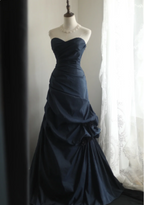 Elegant Navy Blue Mermaid Pleated Satin Long Prom Dress Evening Dress