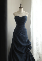 Elegant Navy Blue Mermaid Pleated Satin Long Prom Dress Evening Dress