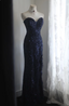 Elegant Navy Blue Mermaid Pleated Satin Long Prom Dress Evening Dress