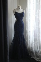 Elegant Navy Blue Mermaid Spaghetti Strap Lace Long Prom Dress Evening Dress