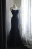 Elegant Navy Blue Mermaid Spaghetti Strap Lace Long Prom Dress Evening Dress