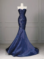 Elegant Navy Blue Mermaid Strapless Pleated Satin Long Prom Dress Evening Dress