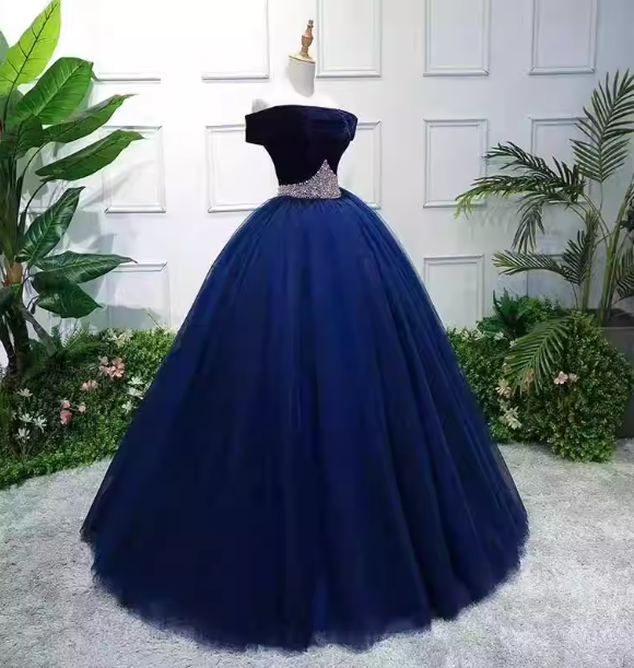 Elegant Navy Blue Off-The-Shoulder Velvet Tulle Ball Gown Evening Dress Sweet 16 Dress Secondary image