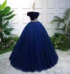 Elegant Navy Blue Off-The-Shoulder Velvet Tulle Ball Gown Evening Dress Sweet 16 Dress