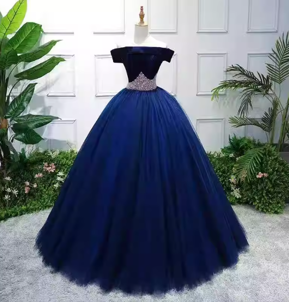 Elegant Navy Blue Off-The-Shoulder Velvet Tulle Ball Gown Evening Dress Sweet 16 Dress Main image