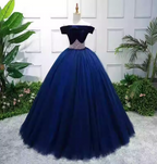 Elegant Navy Blue Off-The-Shoulder Velvet Tulle Ball Gown Evening Dress Sweet 16 Dress