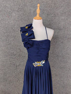 Elegant Navy Blue One-Shoulder 3D Floral Chiffon Long Prom Dress Evening Dress