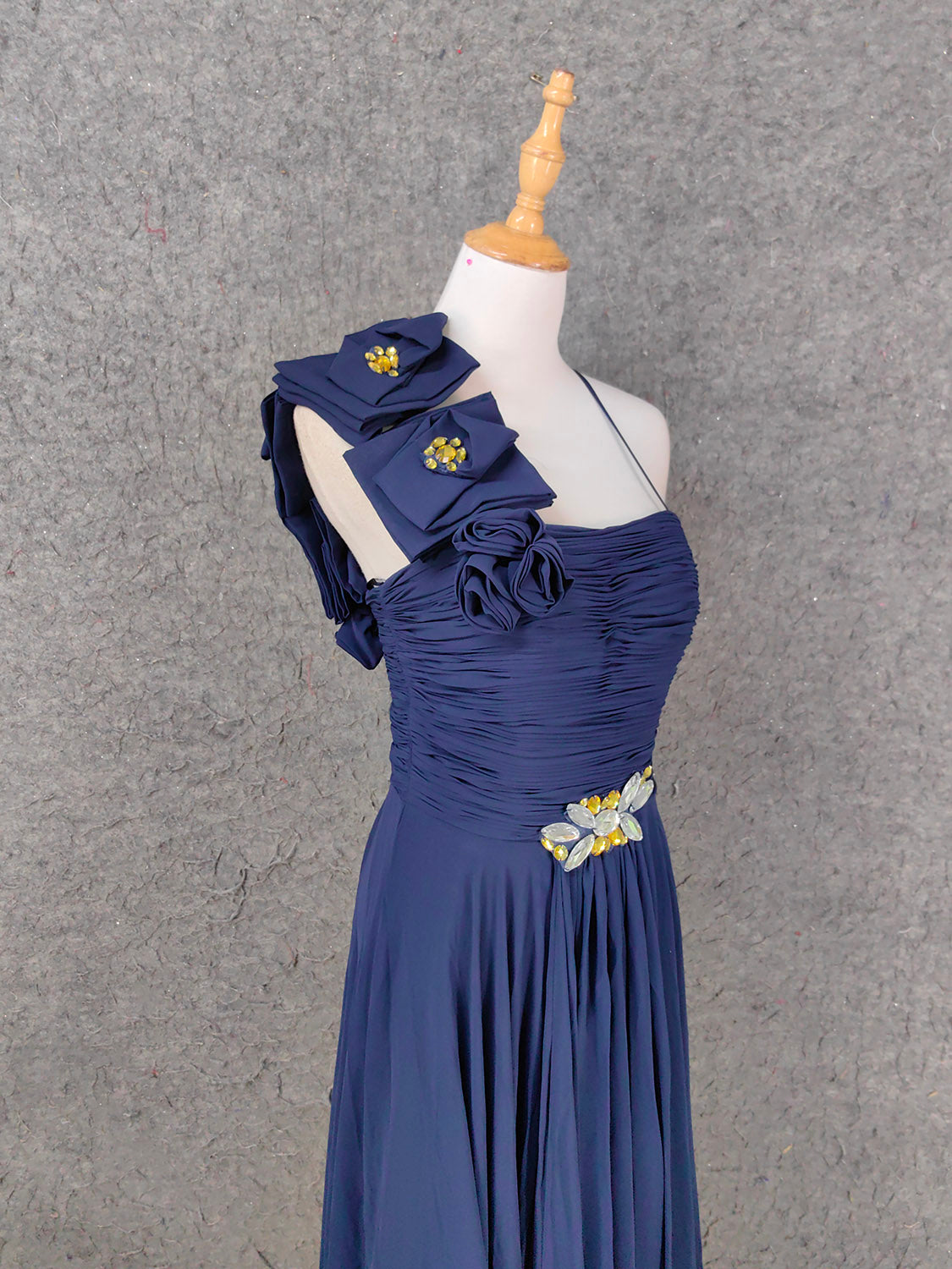 Elegant Navy Blue One-Shoulder 3D Floral Chiffon Long Prom Dress Evening Dress