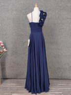 Elegant Navy Blue One-Shoulder 3D Floral Chiffon Long Prom Dress Evening Dress