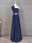 Elegant Navy Blue One-Shoulder 3D Floral Chiffon Long Prom Dress Evening Dress