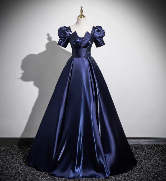 Elegant Navy Blue Puff Sleeve Satin Long Ball Gown Evening Dress Sweet 16 Dress Secondary image