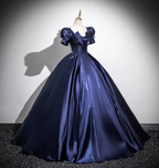 Elegant Navy Blue Puff Sleeve Satin Long Ball Gown Evening Dress Sweet 16 Dress