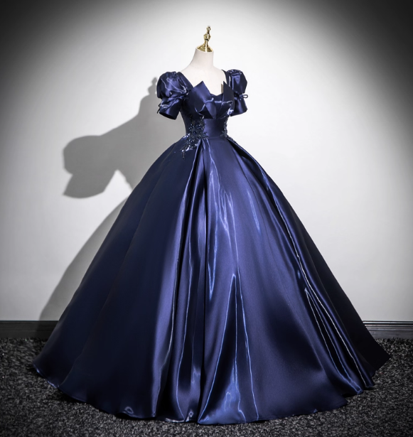 Elegant Navy Blue Puff Sleeve Satin Long Ball Gown Evening Dress Sweet 16 Dress