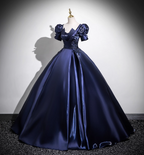 Elegant Navy Blue Puff Sleeve Satin Long Ball Gown Evening Dress Sweet 16 Dress