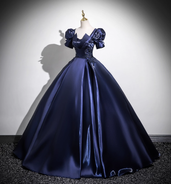 Elegant Navy Blue Puff Sleeve Satin Long Ball Gown Evening Dress Sweet 16 Dress