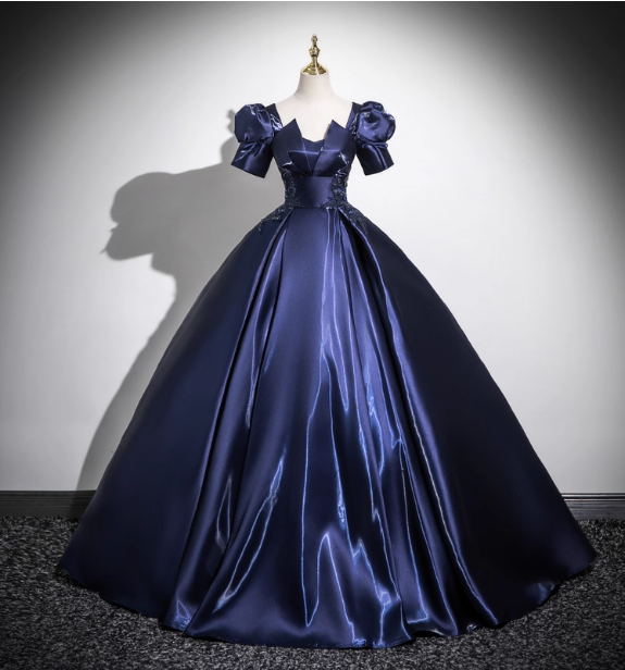 Elegant Navy Blue Puff Sleeve Satin Long Ball Gown Evening Dress Sweet 16 Dress