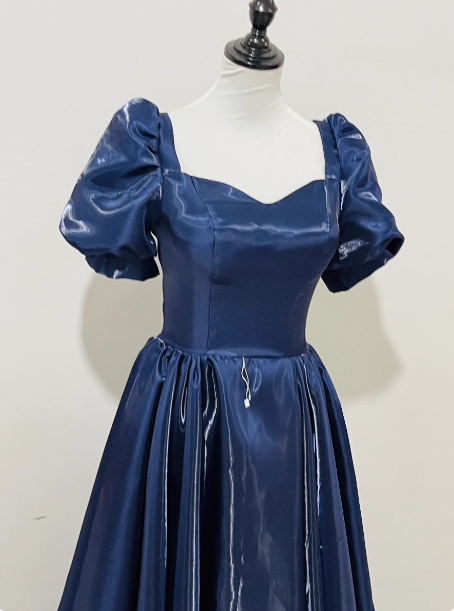 Elegant Navy Blue Puffed Short Sleeve Satin Long Prom Dress Evening Dress