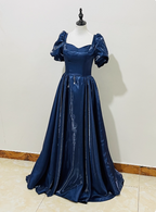 Elegant Navy Blue Puffed Short Sleeve Satin Long Prom Dress Evening Dress