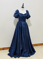 Elegant Navy Blue Puffed Short Sleeve Satin Long Prom Dress Evening Dress