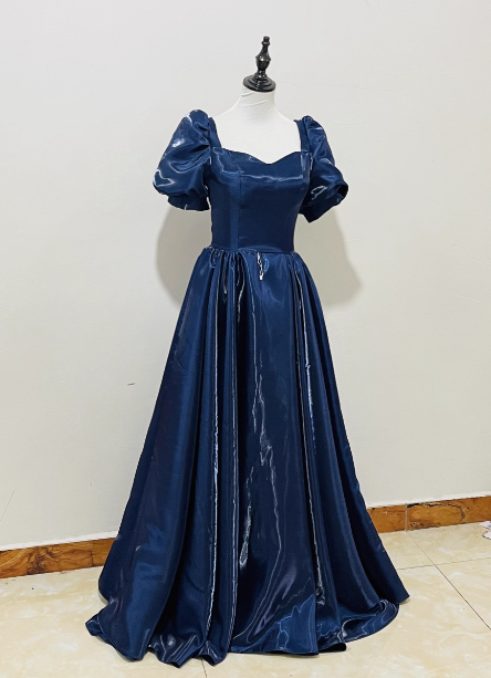 Elegant Navy Blue Puffed Short Sleeve Satin Long Prom Dress Evening Dress