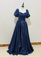 Elegant Navy Blue Puffed Short Sleeve Satin Long Prom Dress Evening Dress