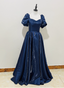 Elegant Navy Blue Puffed Short Sleeve Satin Long Prom Dress Evening Dress