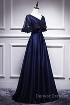 Elegant Navy Blue Short Sleeved Beaded Cape With Satin Lace Navy Blue V-Neck Backless And Ground Length Evening Dress