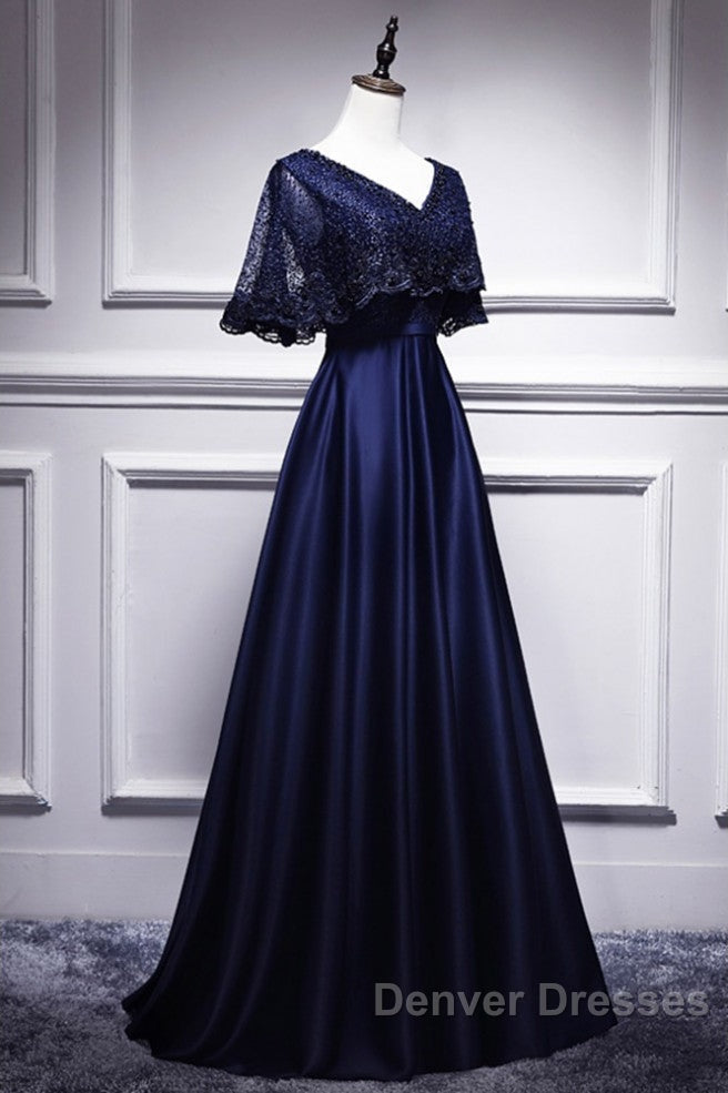 Elegant Navy Blue Short Sleeved Beaded Cape With Satin Lace Navy Blue V-Neck Backless And Ground Length Evening Dress