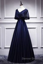Elegant Navy Blue Short Sleeved Beaded Cape With Satin Lace Navy Blue V-Neck Backless And Ground Length Evening Dress