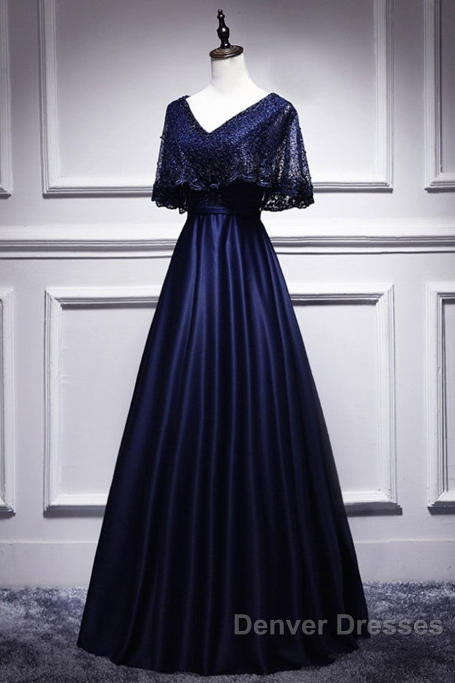 Elegant Navy Blue Short Sleeved Beaded Cape With Satin Lace Navy Blue V-Neck Backless And Ground Length Evening Dress