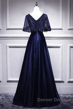 Elegant Navy Blue Short Sleeved Beaded Cape With Satin Lace Navy Blue V-Neck Backless And Ground Length Evening Dress
