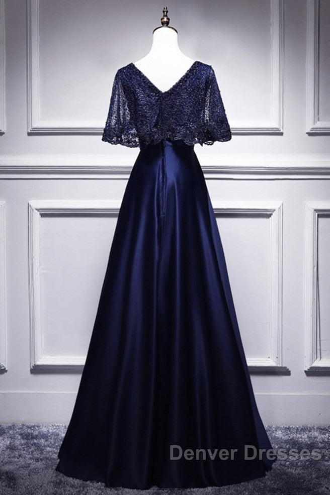 Elegant Navy Blue Short Sleeved Beaded Cape With Satin Lace Navy Blue V-Neck Backless And Ground Length Evening Dress