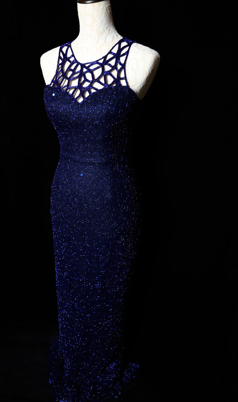 Elegant Navy Blue Sleeveless Cutout Halter Mermaid Bead Embroidered Lace Prom Dress Evening Dress