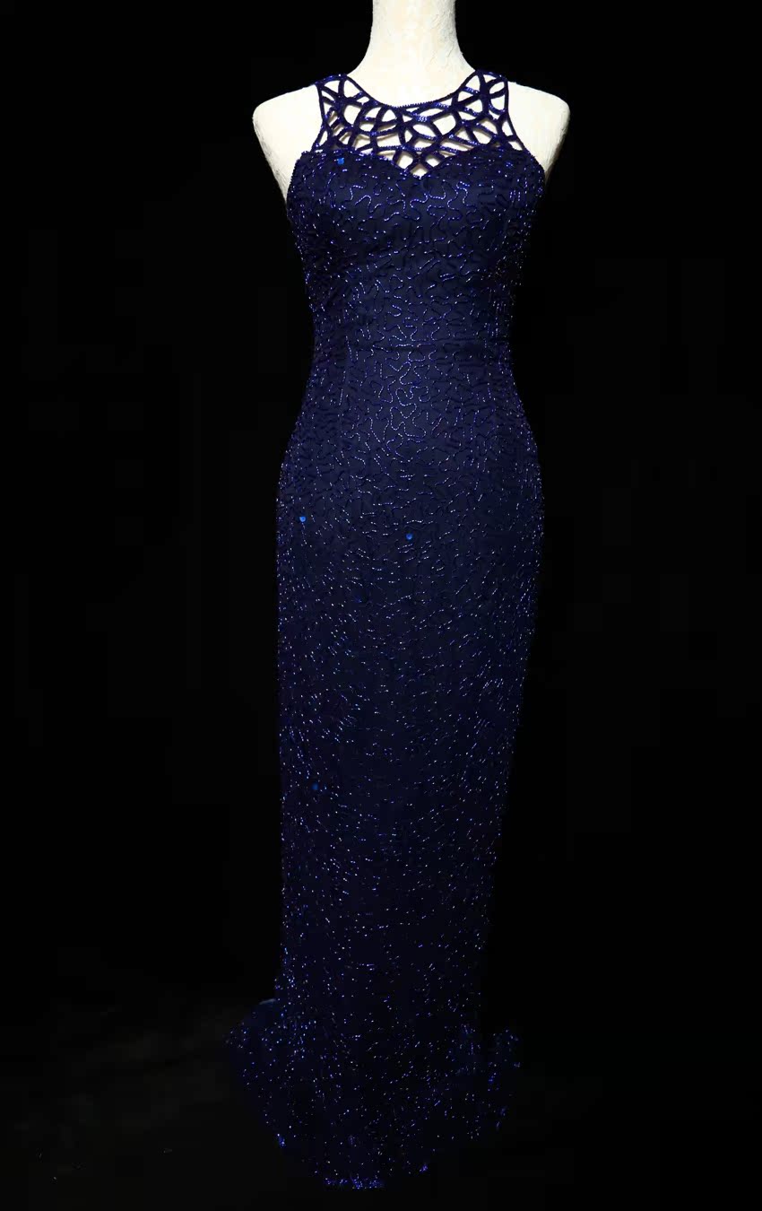 Elegant Navy Blue Sleeveless Cutout Halter Mermaid Bead Embroidered Lace Prom Dress Evening Dress Main image