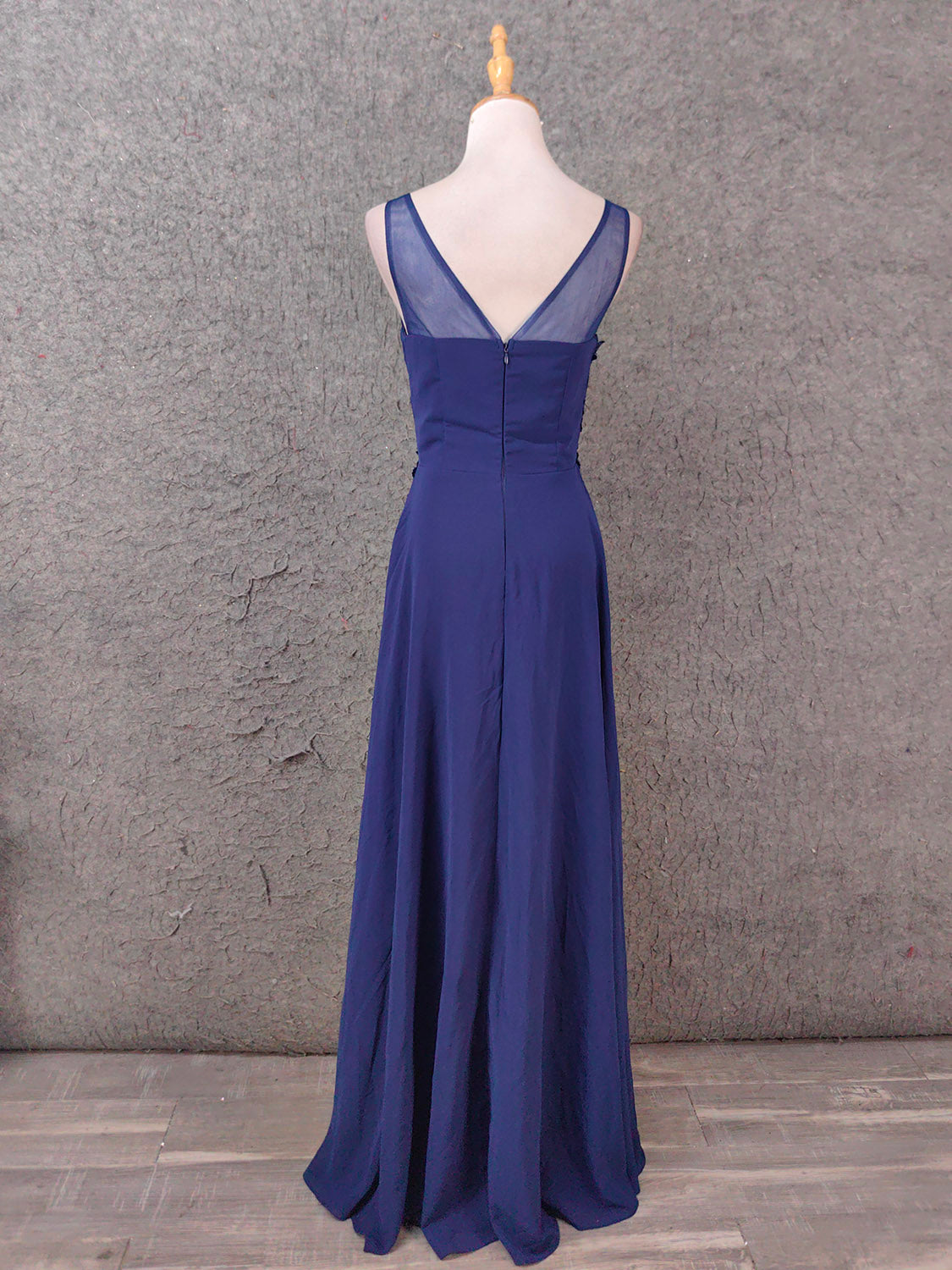 Elegant Navy Blue Spaghetti Strap Lace Ruffled Chiffon Long Prom Dress Evening Dress