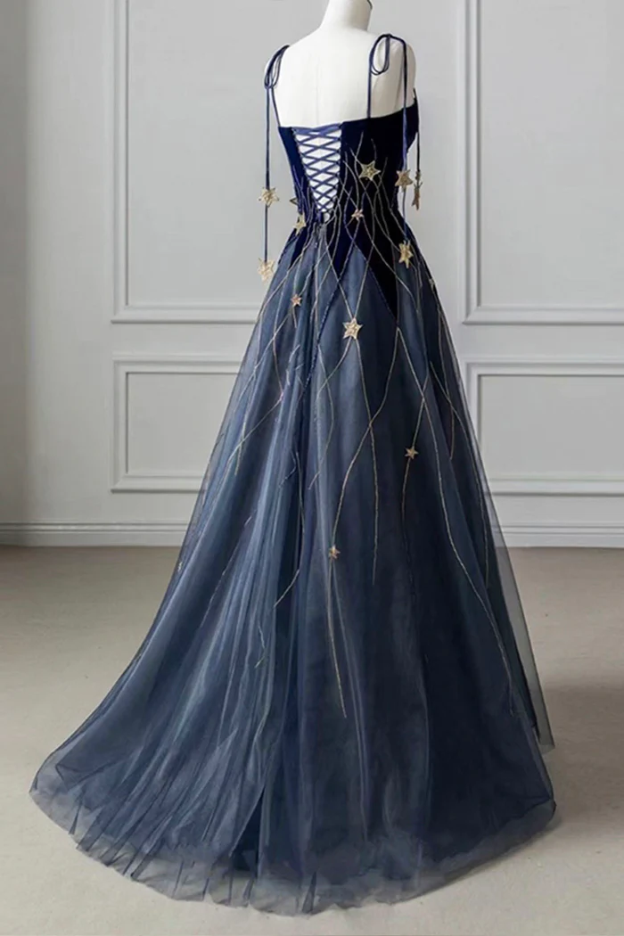 Elegant Navy Blue Spaghetti Strap Long Prom Dress With Star Secondary image