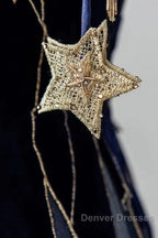 Elegant Navy Blue Spaghetti Strap Long Prom Dress With Star